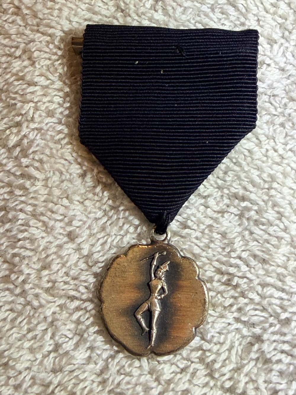 Vintage Majorette Baton Twirler Medal Black Ribbon Pin Award Silver Tone